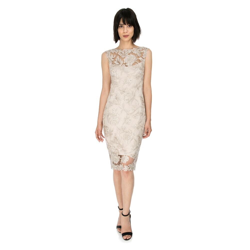 Tadashi Shoji Chloe Embroidered Lace Tulle Illusion Boat Neck Gold Dress 10